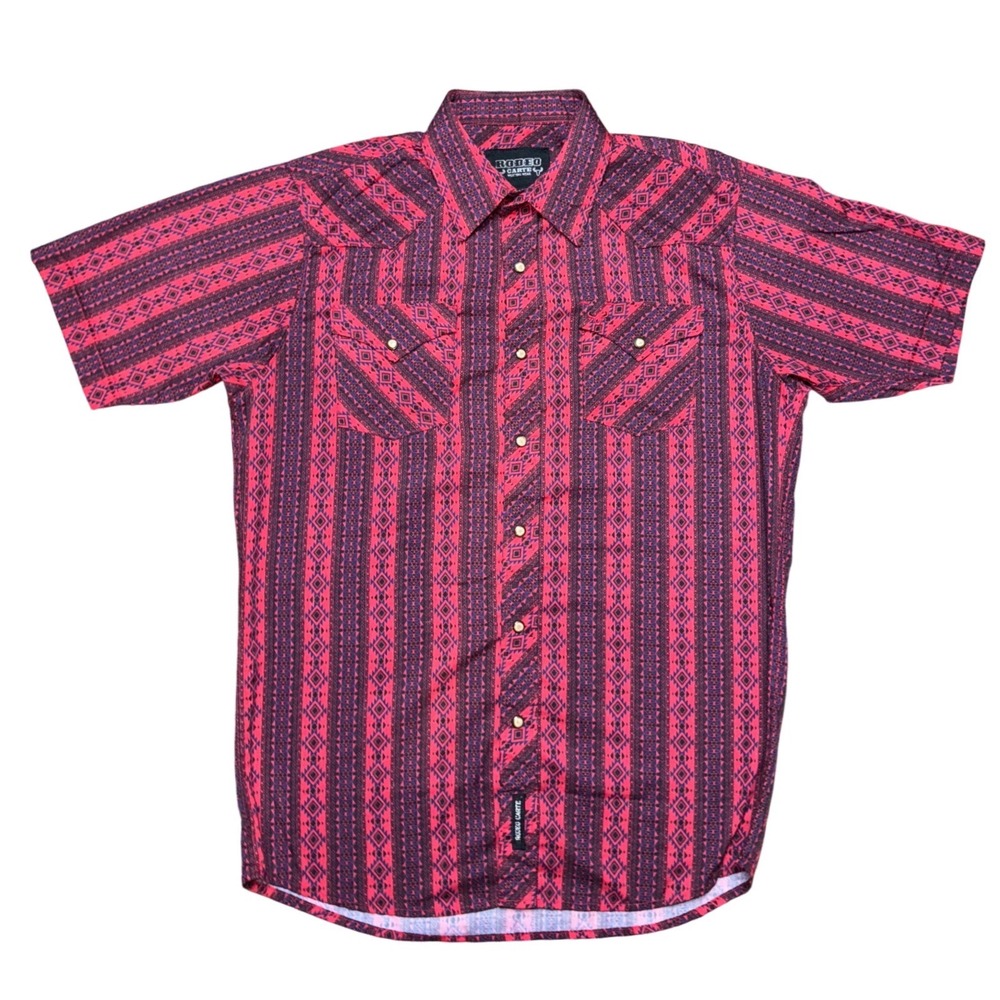 Rodeo Carte Mens Southwestern‎ Pearl Snap Shirt Red Navy Short Sleeve Medium